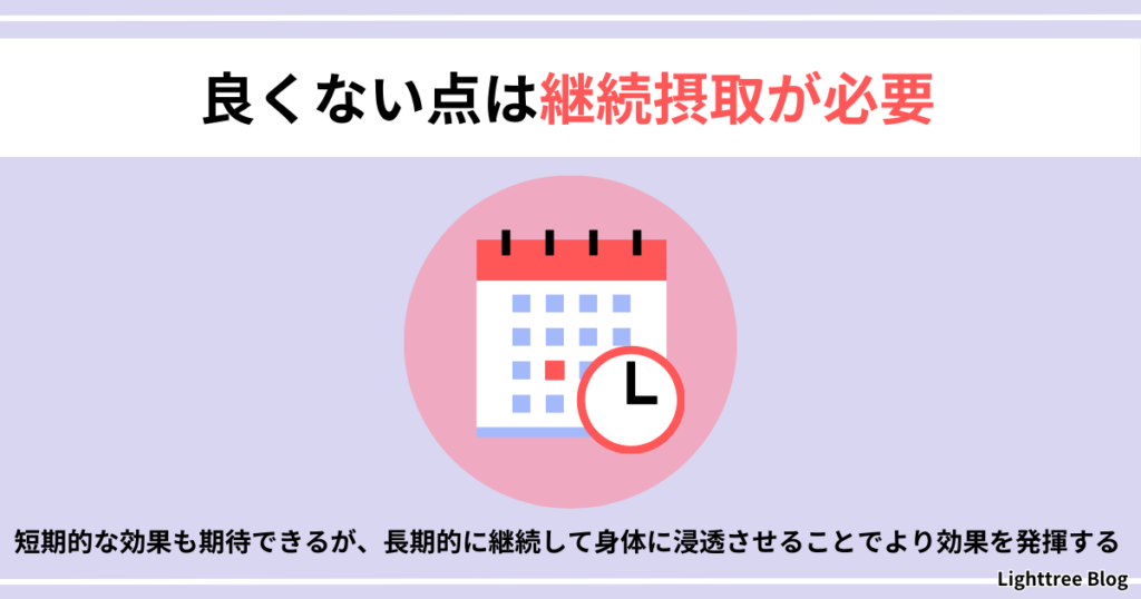 【良くない点は継続摂取が必要】短期的な効果も期待できるが、長期的に継続して身体に浸透させることでより効果を発揮する