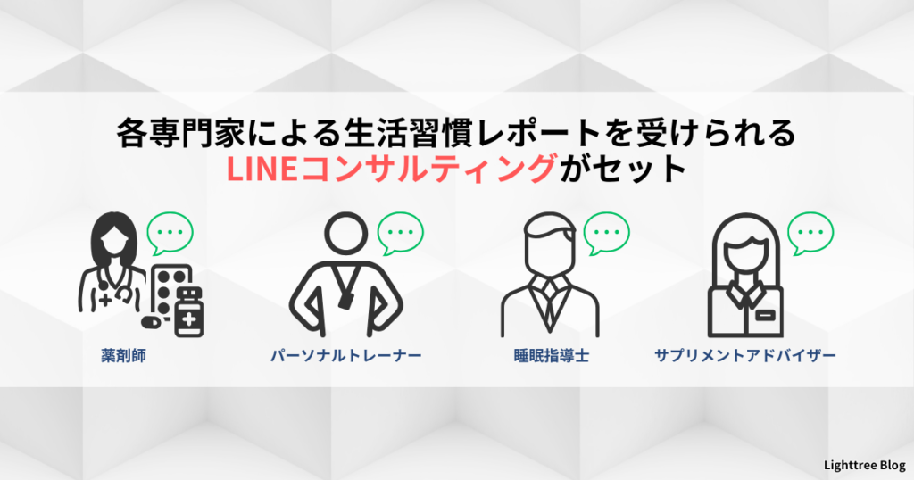 【各専門家による生活習慣レポートを受けられるLINEコンサルティングがセット】薬剤師・パーソナルトレーナー・睡眠指導士・サプリメントアドバイザー