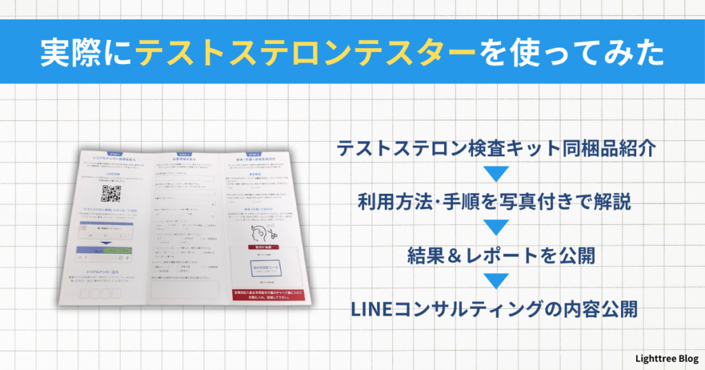 【実際にテストステロンテスターを使ってみた】テストステロン検査キット同梱品紹介→利用方法・手順を写真付きで解説→結果＆レポートを公開→LINEコンサルティングの内容公開