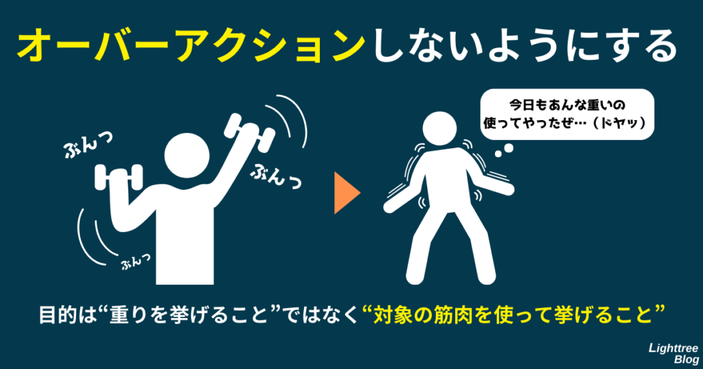 【オーバーアクションしないようにする】目的は「重りを挙げること」ではなく対象の筋肉を使って挙げること