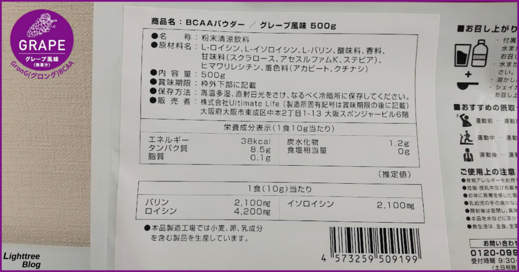 グロングBCAA【グレープ風味】裏面パッケージ